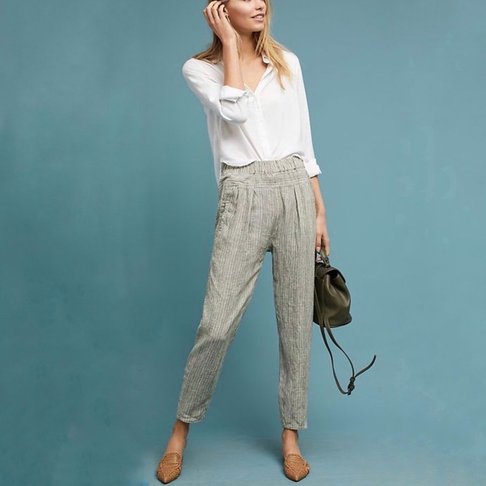 Anthropologie‎ Olive Green White Striped Pockets Trousers Size XL